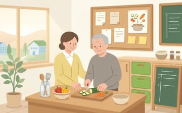 グループホームの仕事内容と認知症ケアを表すイラスト