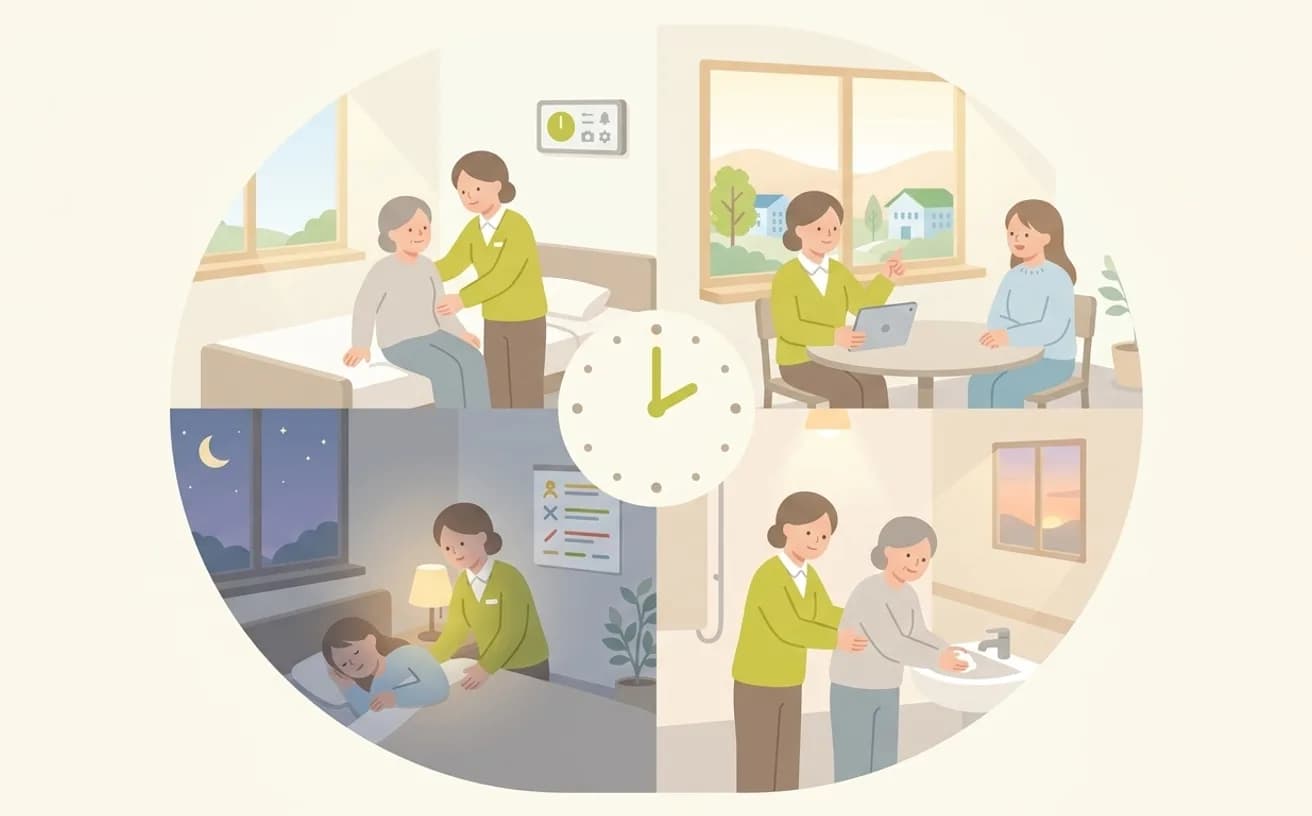 介護職員の1日の仕事内容【早番・日勤・遅番・夜勤】を表すイラスト