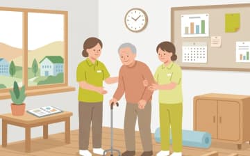 老健で働く特徴とリハビリ中心の業務を表すイラスト
