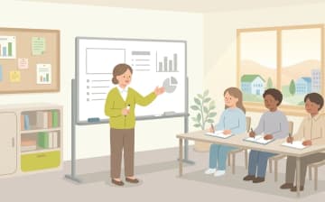 介護職の教育担当・研修担当になる道｜教える技術と関連資格・キャリアの築き方を表すイラスト