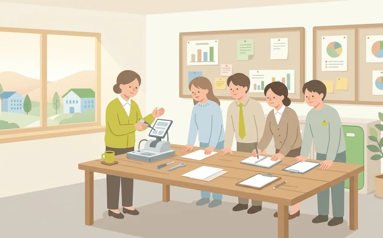 研修制度がある介護職場の見極め方｜「研修充実」の記載を実態で確かめる方法を表すイラスト
