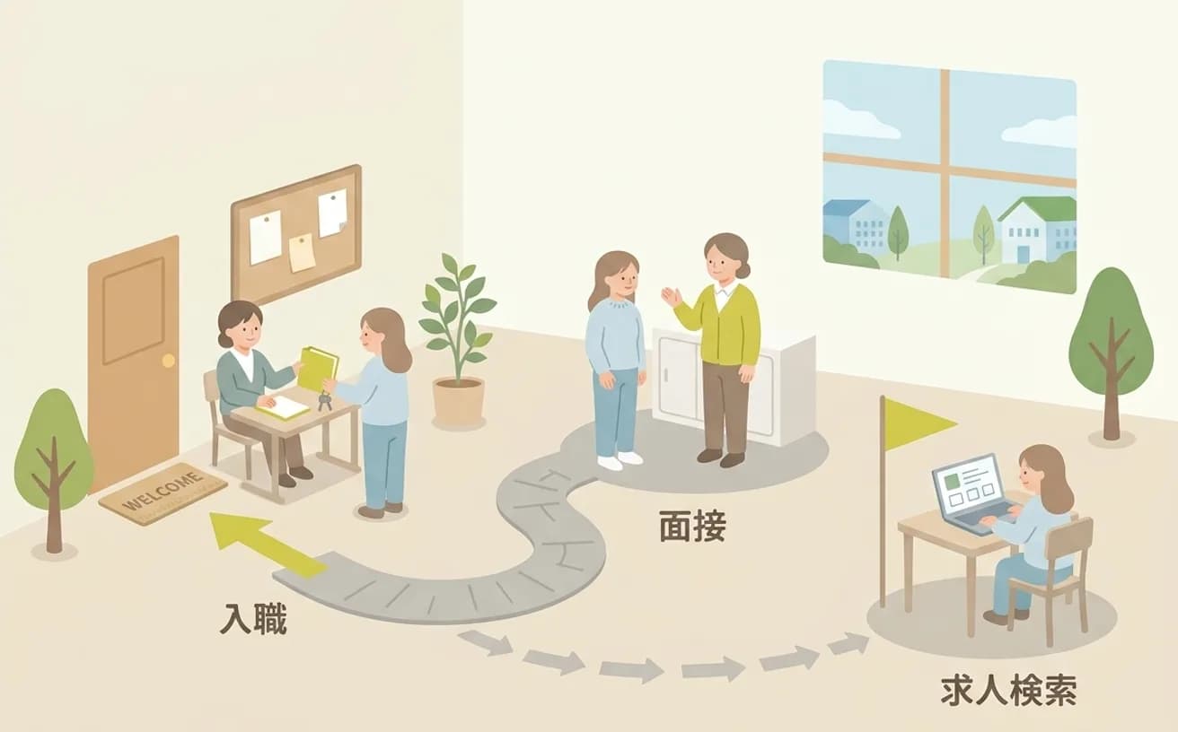 介護の転職の進め方を流れで解説を表すイラスト