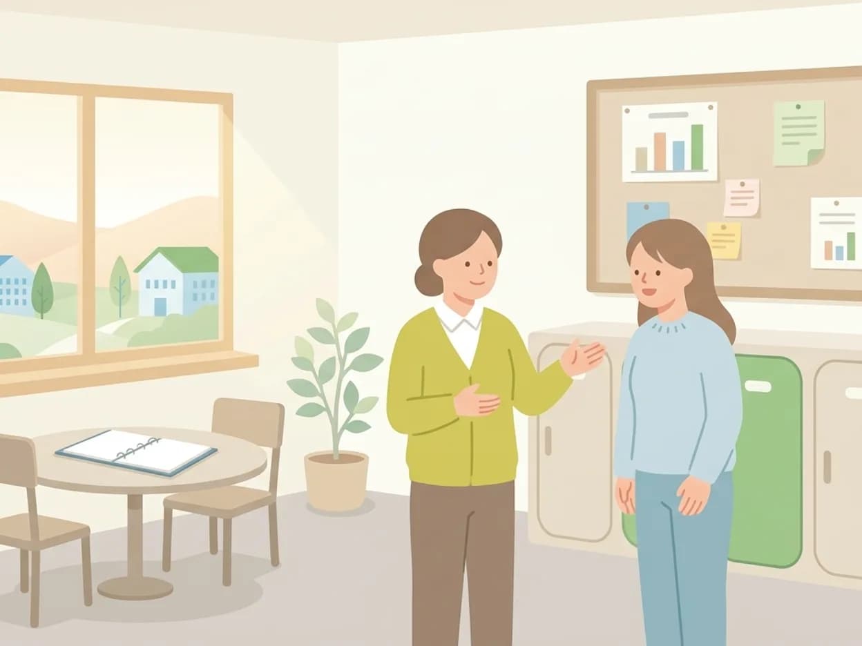 笑顔の介護スタッフが、タブレットで介護のおしごと探しを案内しているイラスト