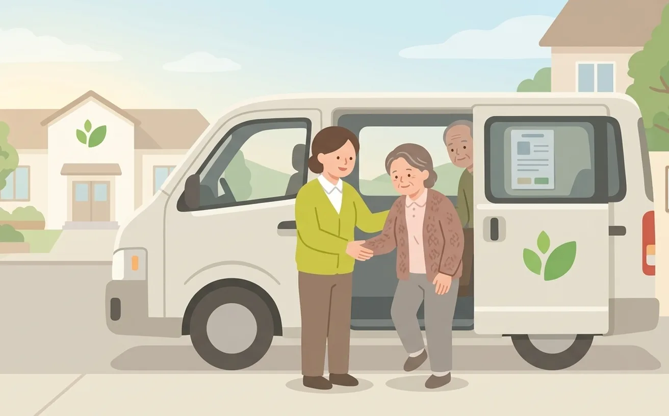 デイサービスの仕事内容と日勤の働き方を表すイラスト