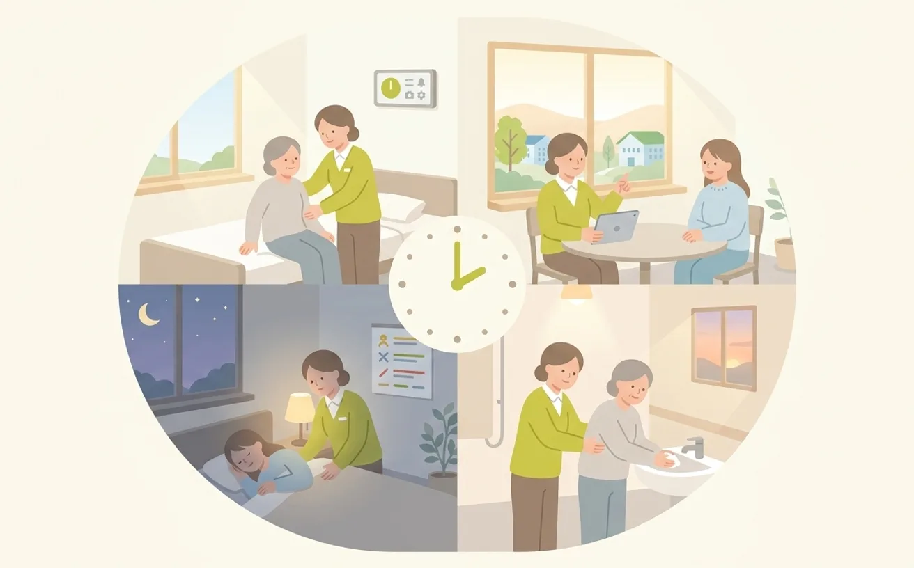 介護職員の1日の仕事内容【早番・日勤・遅番・夜勤】を表すイラスト