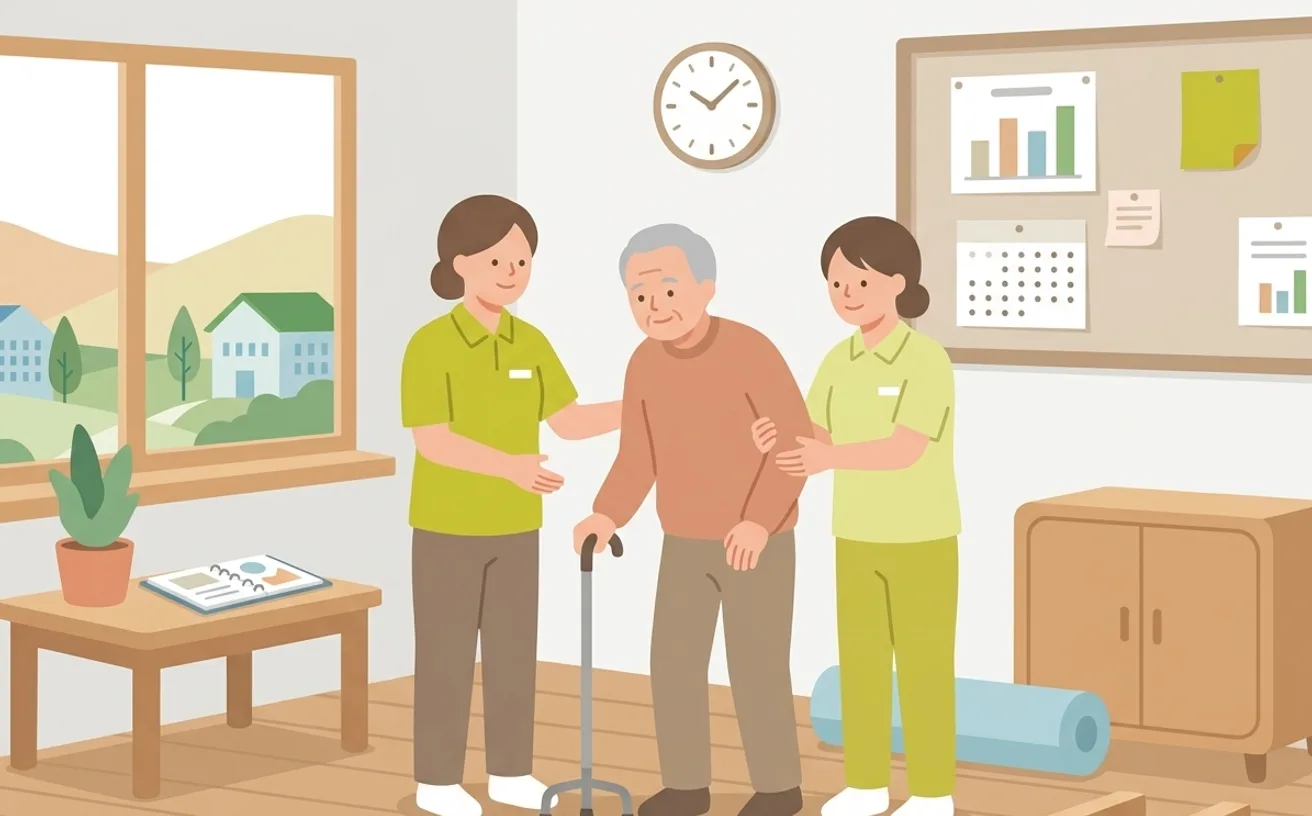 老健で働く特徴とリハビリ中心の業務を表すイラスト