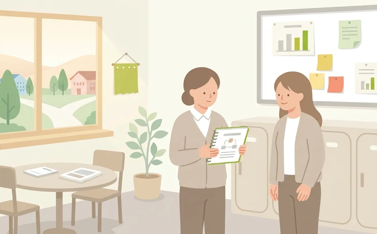 介護職の専門職型と管理職型のキャリア比較｜自分の進み方を選ぶ判断軸を表すイラスト