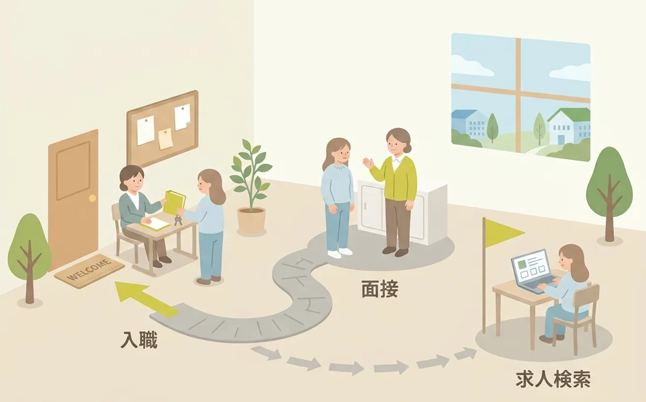 介護の転職の進め方を流れで解説を表すイラスト