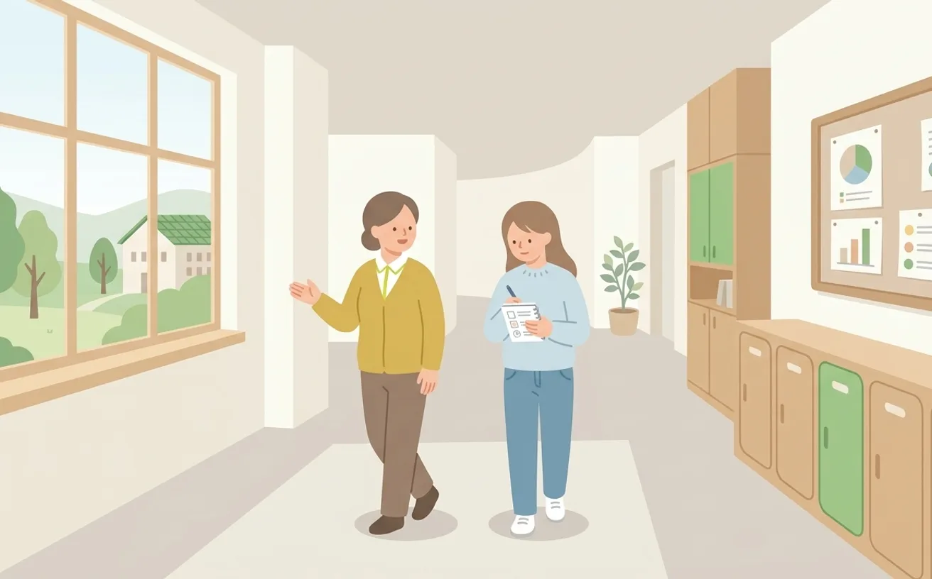 介護職場見学で確認すること｜利用者・職員・環境を見る観察の型と質問例を表すイラスト
