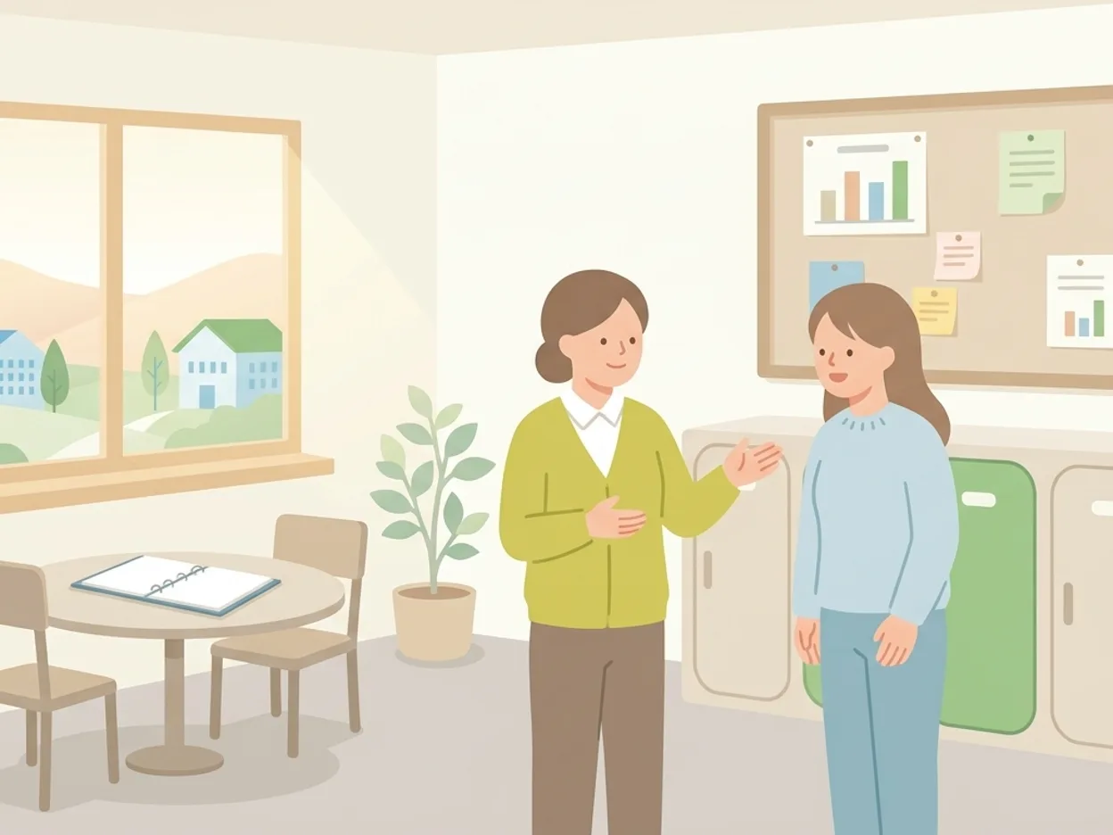 笑顔の介護スタッフが、タブレットで介護のおしごと探しを案内しているイラスト